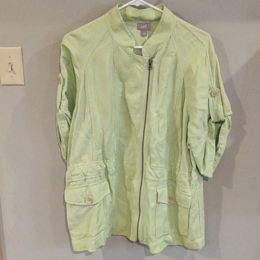 J.Jill women's petite large lime green short sleeve‎ linen blend zip jacket